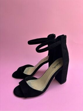 Qupid Black Suede-Look Ankle-Strap Block Heels